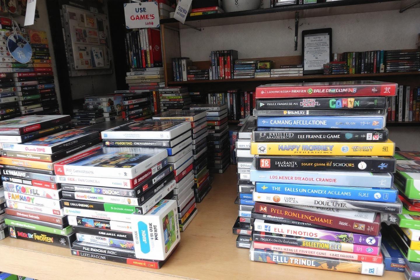 Nombreux jeux empil&eacute;s sur des &eacute;tag&egrave;res dans un magasin
