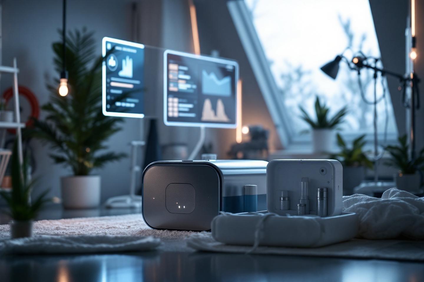 Appareils &eacute;lectroniques sur un bureau avec &eacute;crans lumineux
