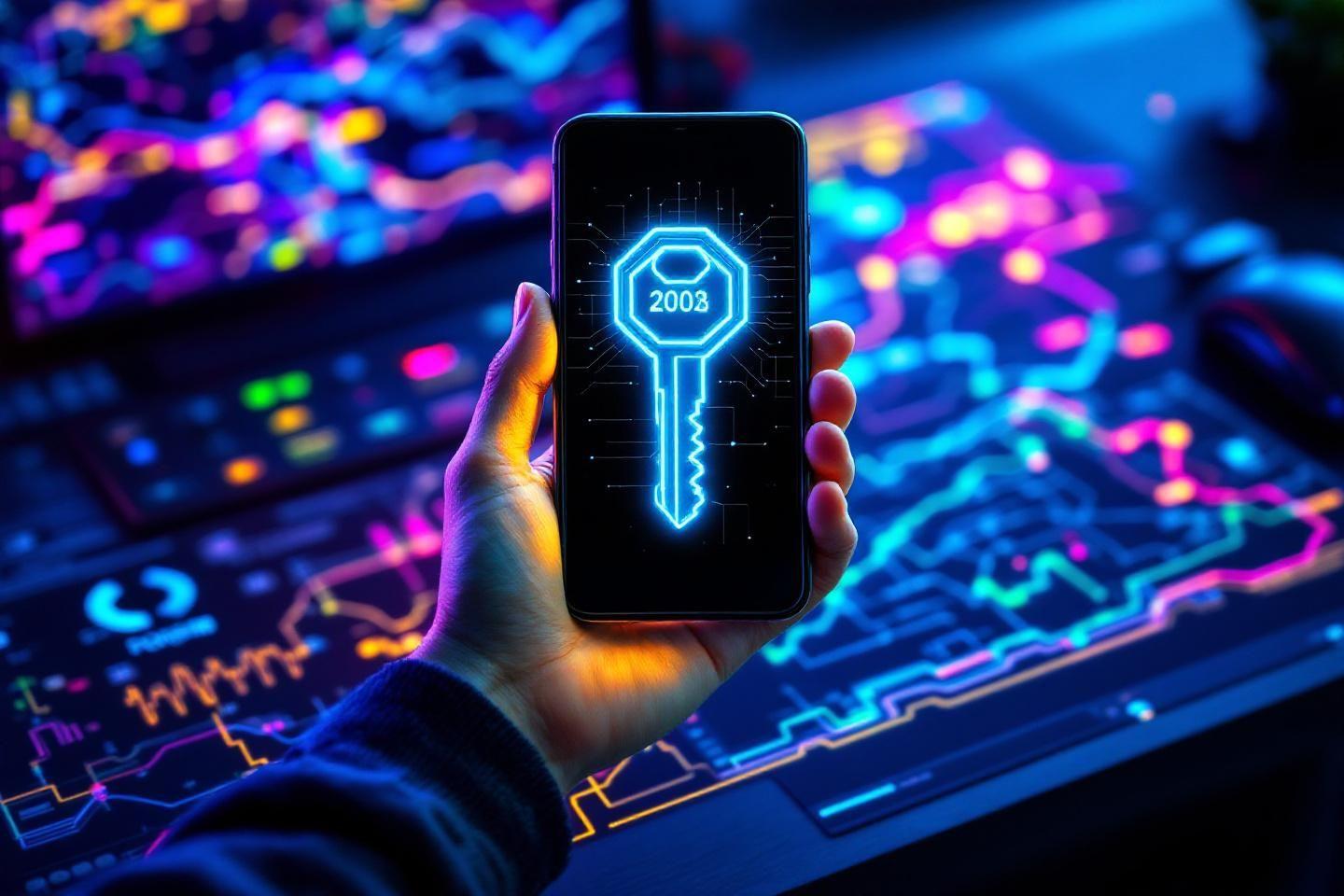 Smartphone affichant une clé numérique brillante sur fond technologique