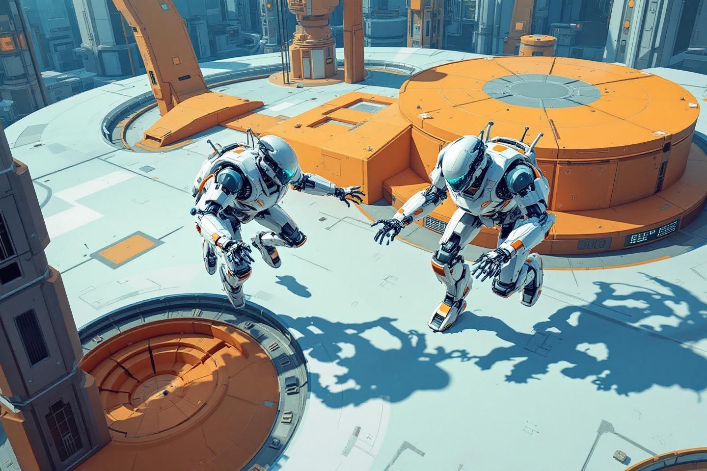 Deux robots blancs et orange interagissant dans un environnement industriel