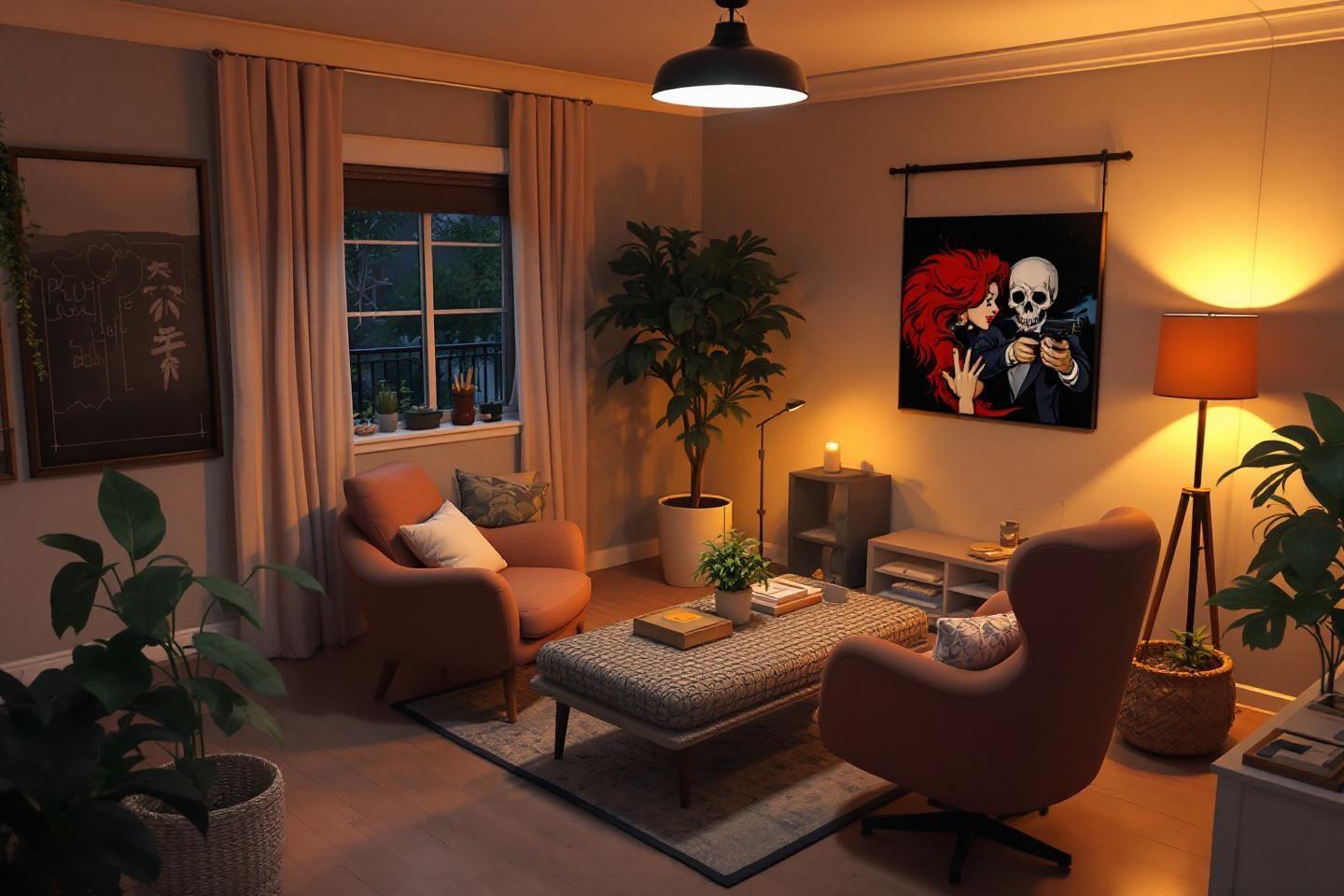 Intérieur cosy de salon avec plantes et affiche de crâne