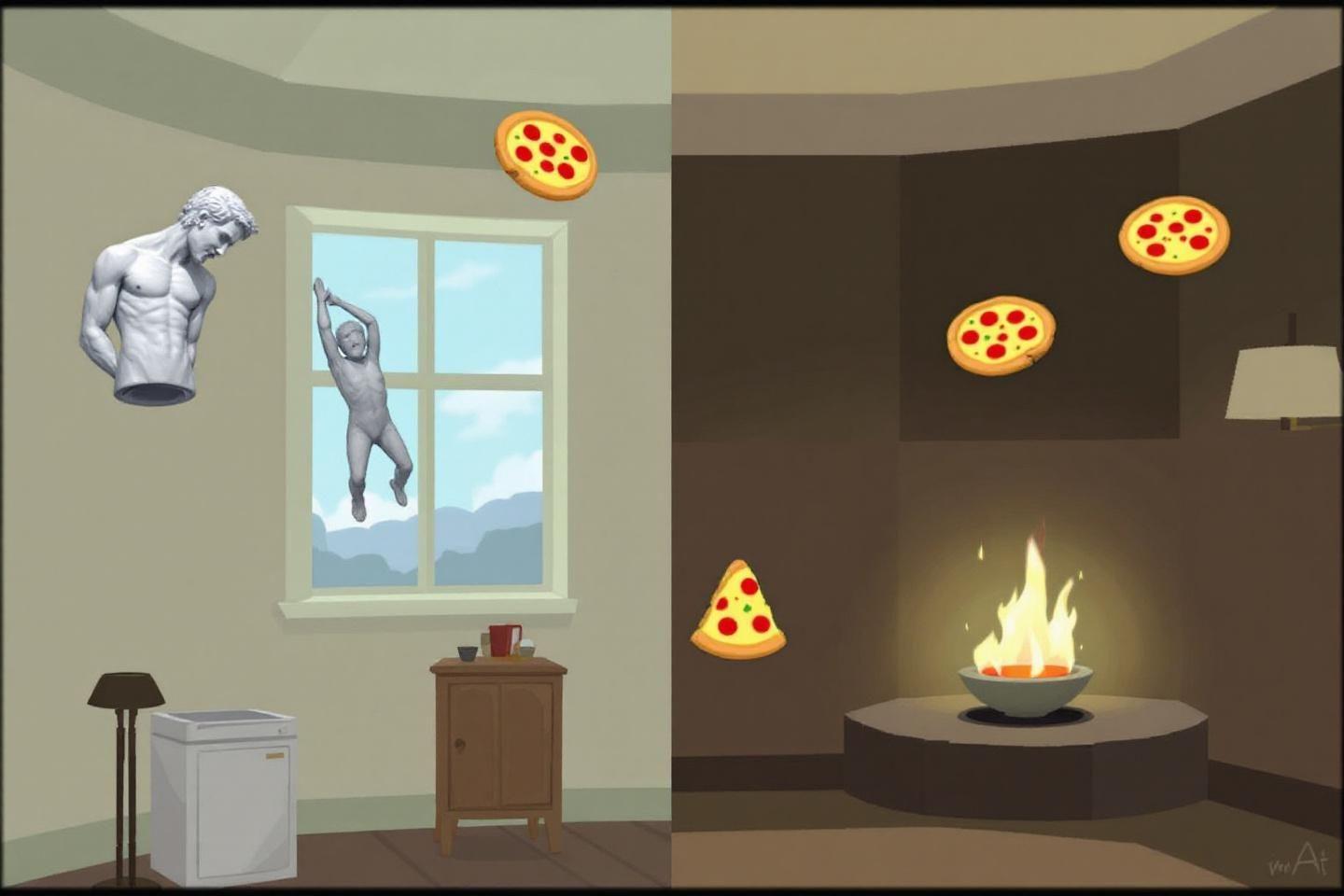 Statues, fenêtre et pizzas flottantes avec flammes