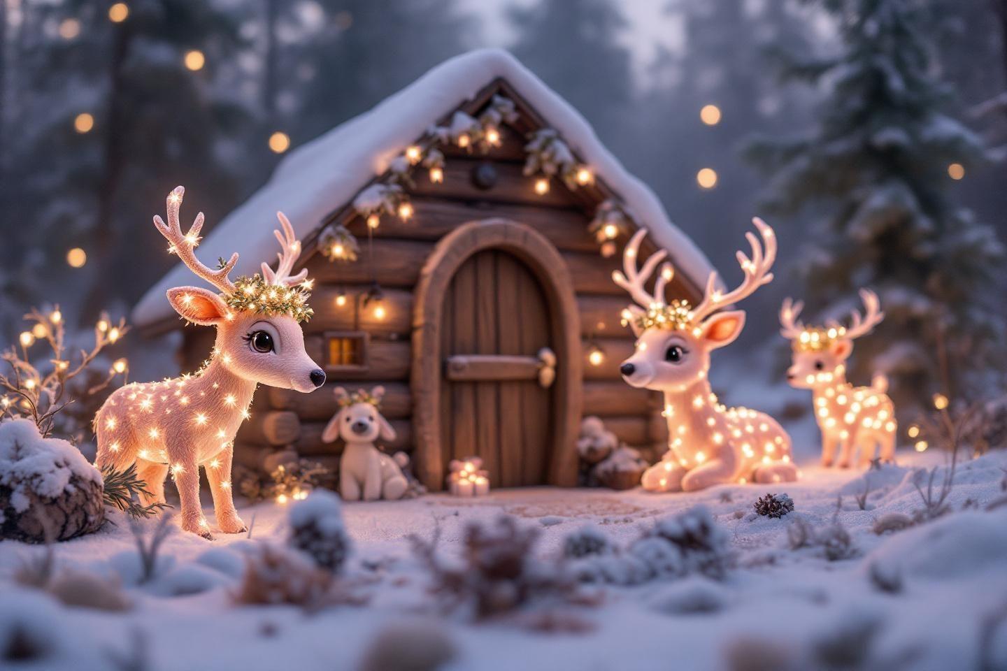 Cerfs lumineux devant un chalet enneigé la nuit