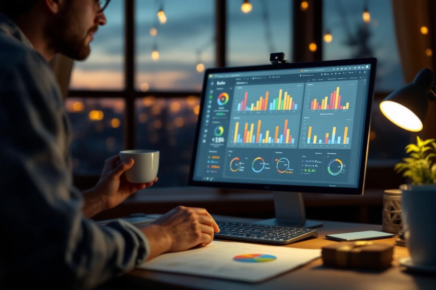 Écran montrant des graphiques, travail de bureau avec vue nocturne