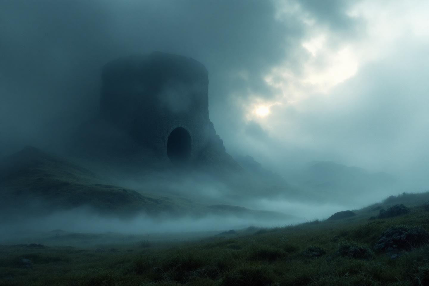 Paysage embrumé avec falaise imposante et ciel gris