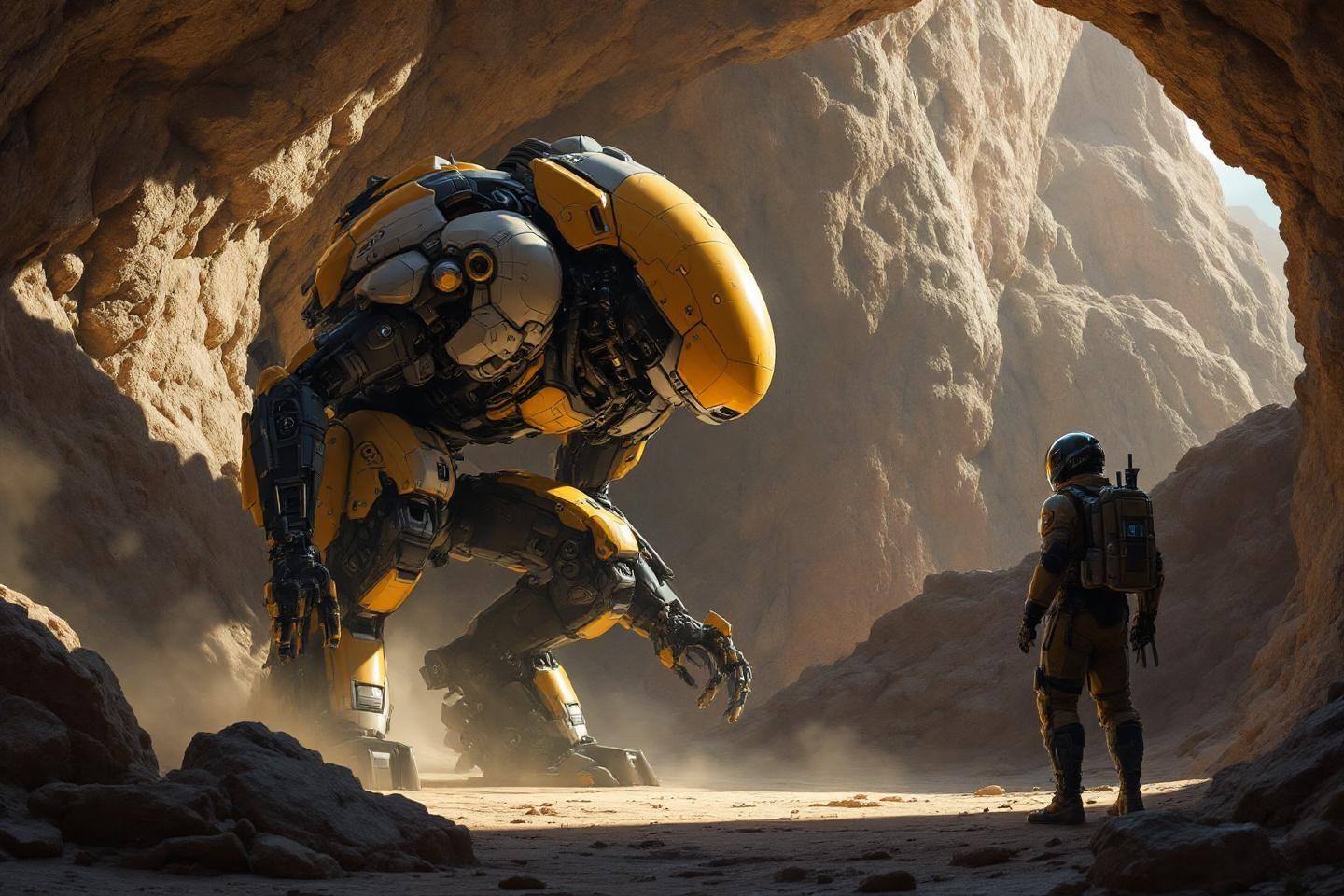 Robot jaune et noir massif face à un astronaute dans un canyon