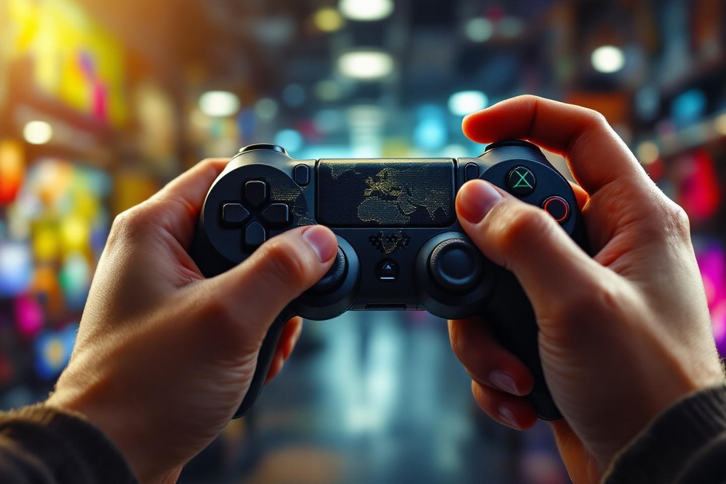 Gros plan sur une manette de jeu PS4 avec fond urbain