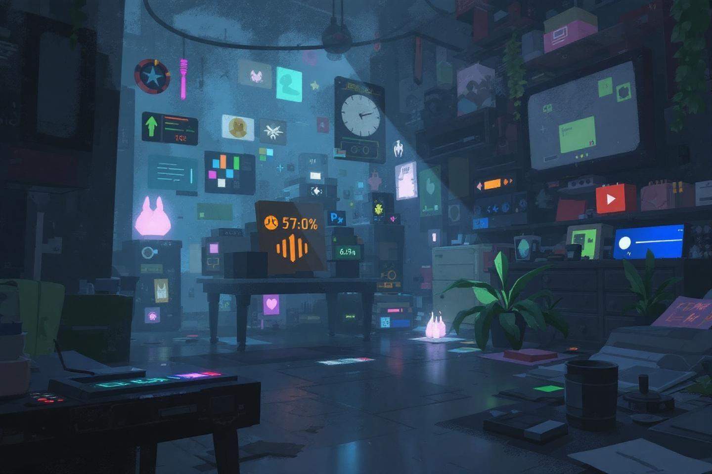 Espace de travail sombre avec écrans lumineux et interfaces high-tech