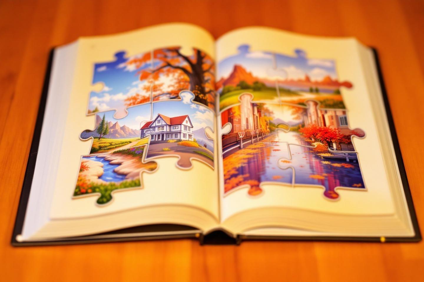 Pages d'un livre illustrant deux paysages en pièces de puzzle
