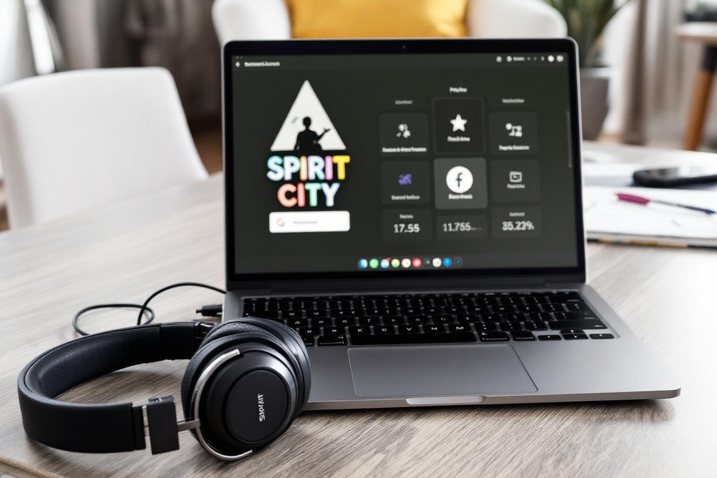 Ordinateur portable affichant Spirit City et casque audio noir