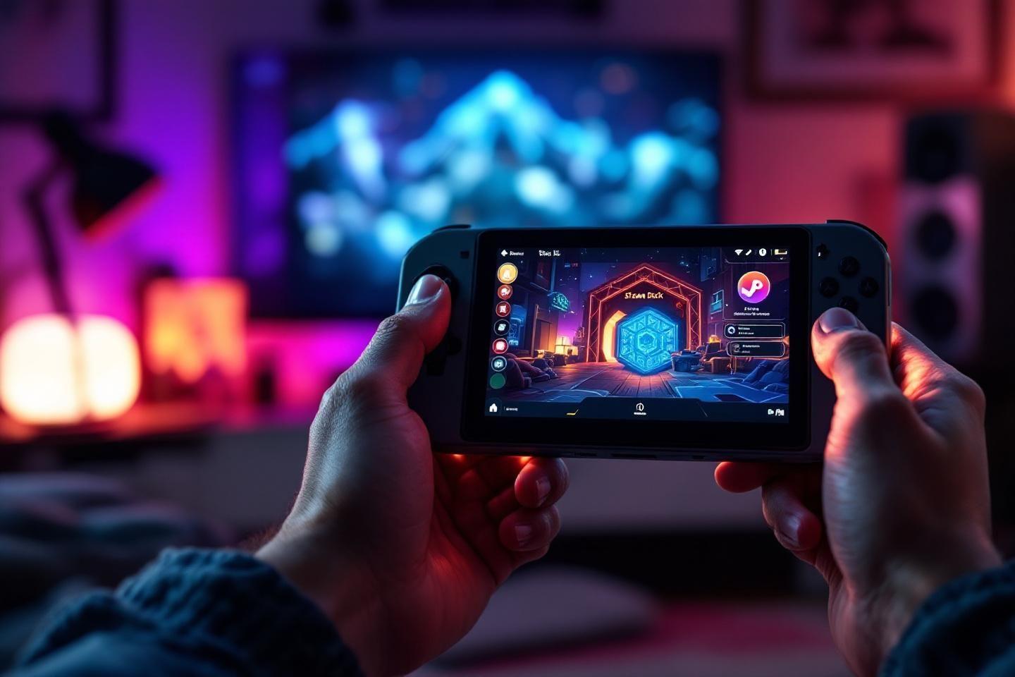 Mains tenant une tablette avec un jeu vidéo futuriste coloré