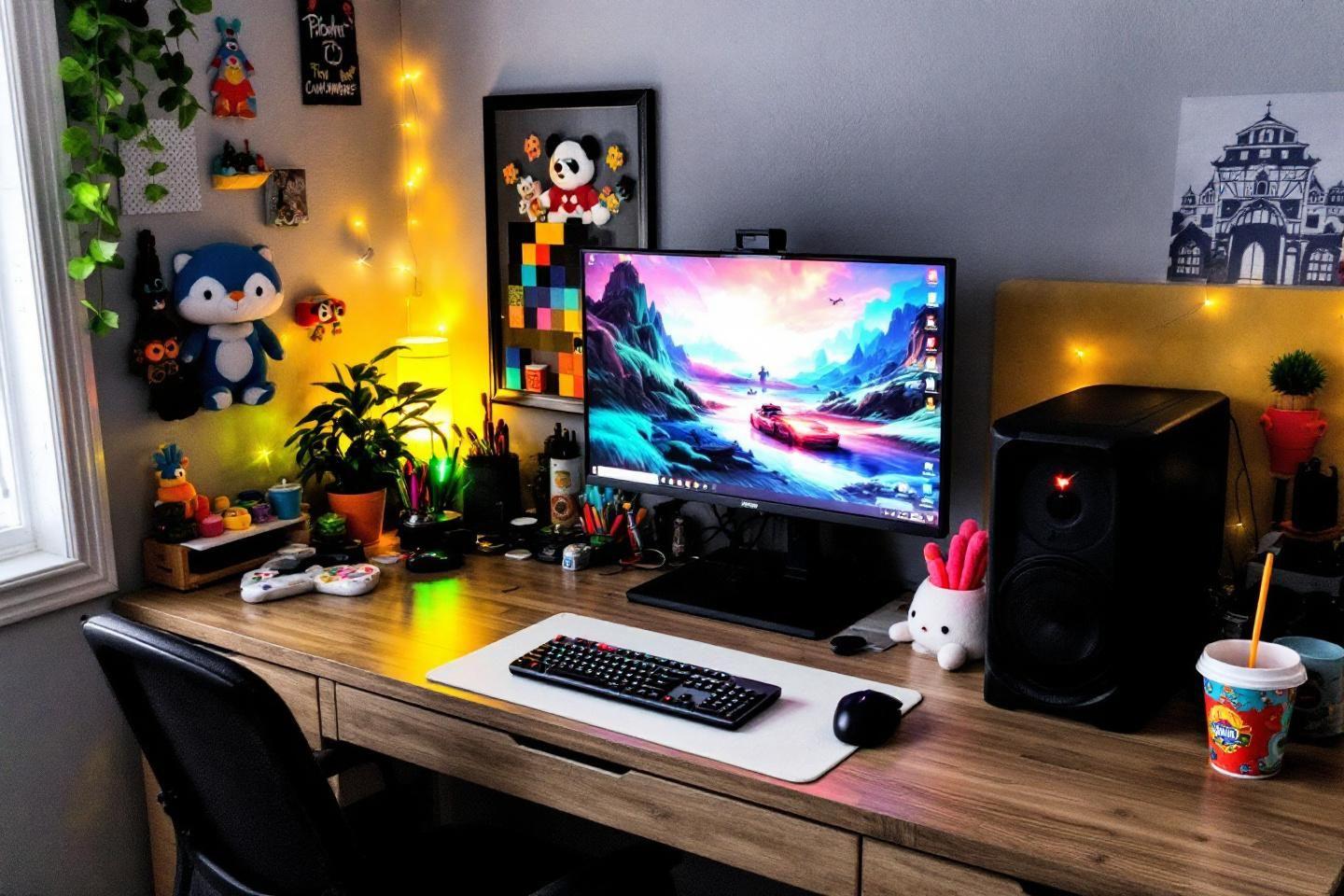 Poste de travail avec écran, jouets, plantes et lumières décoratives