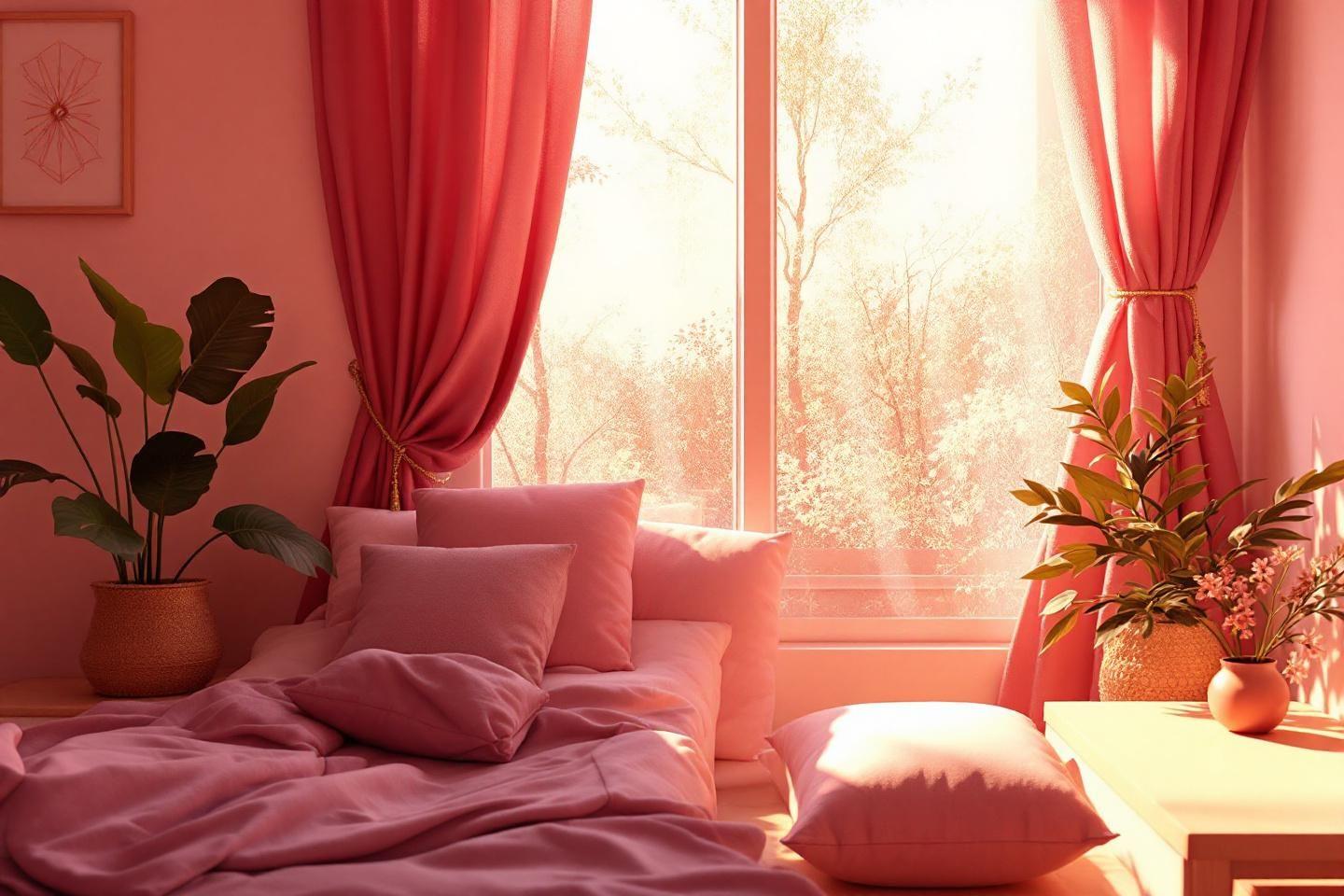 Intérieur douillet avec lit défait, plantes et rideaux corail
