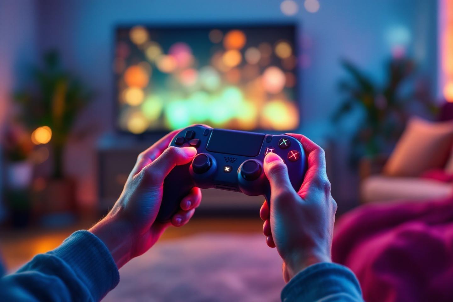 Mains tenant une manette PS4 devant un écran coloré