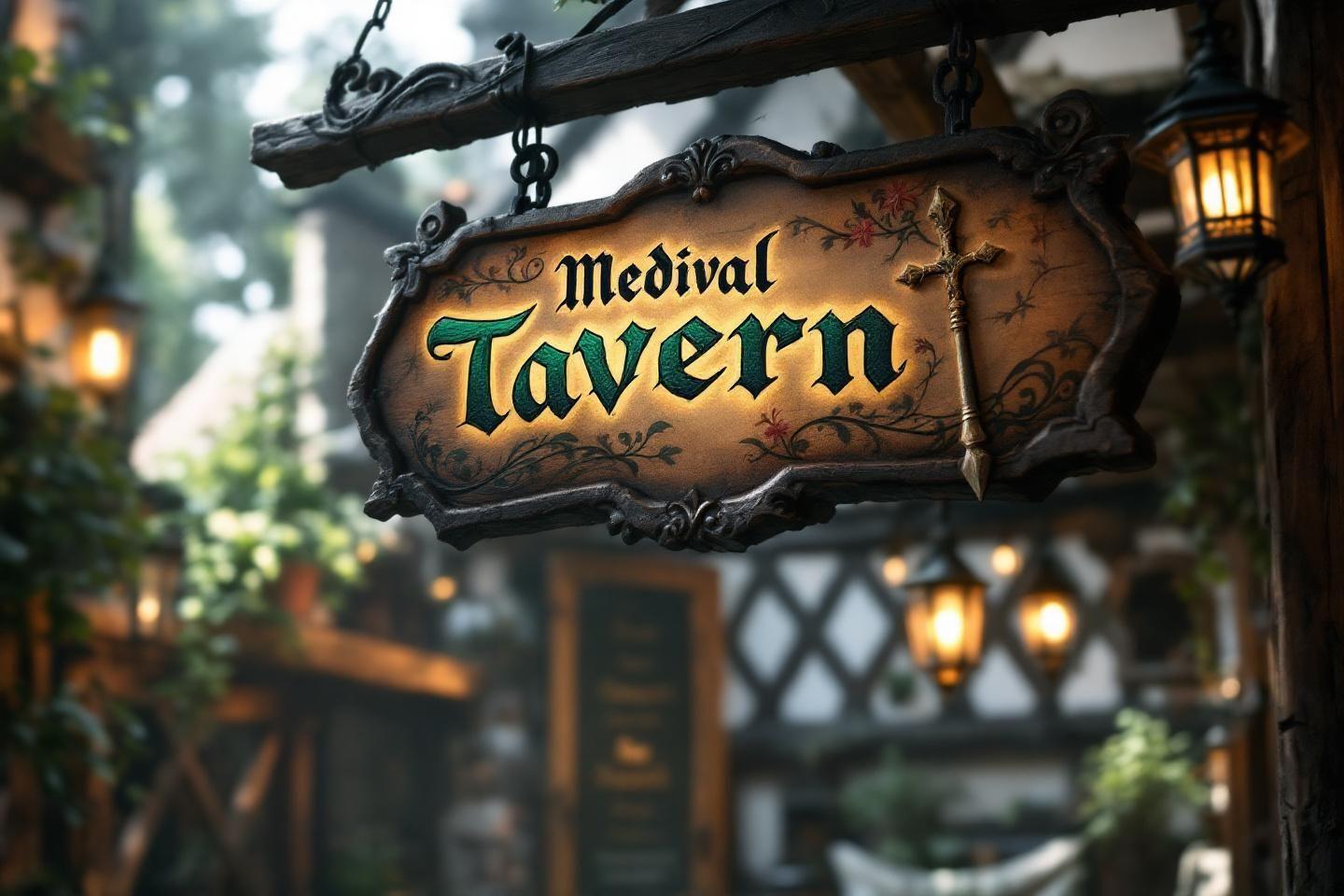 Panneau en bois découpé annonçant une taverne médiévale