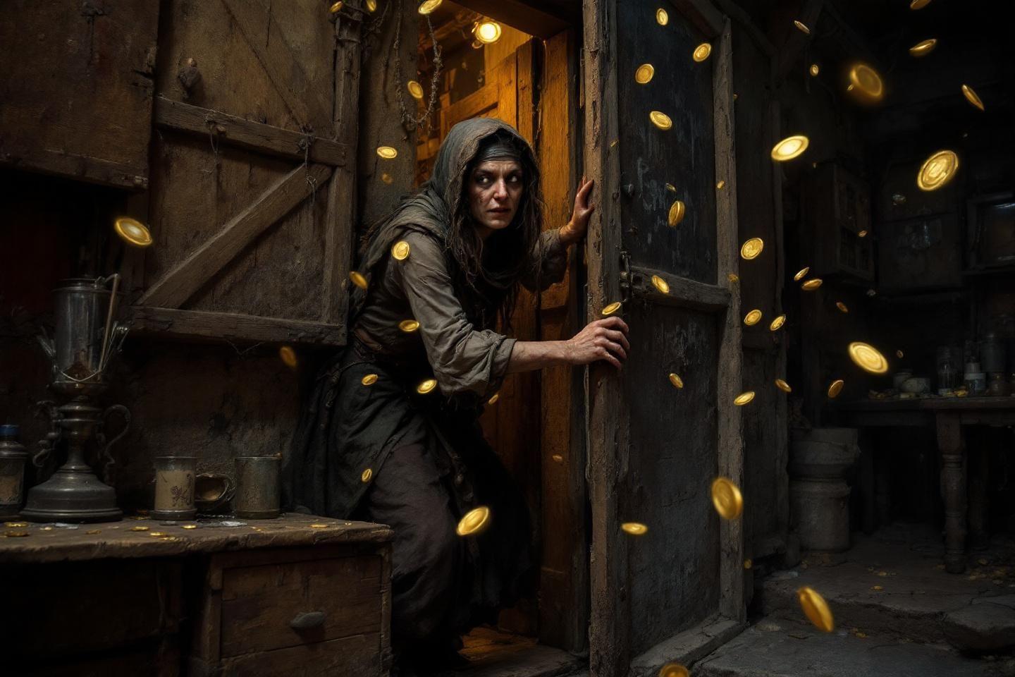 Femme à capuche entourée de pièces d'or dans une pièce sombre