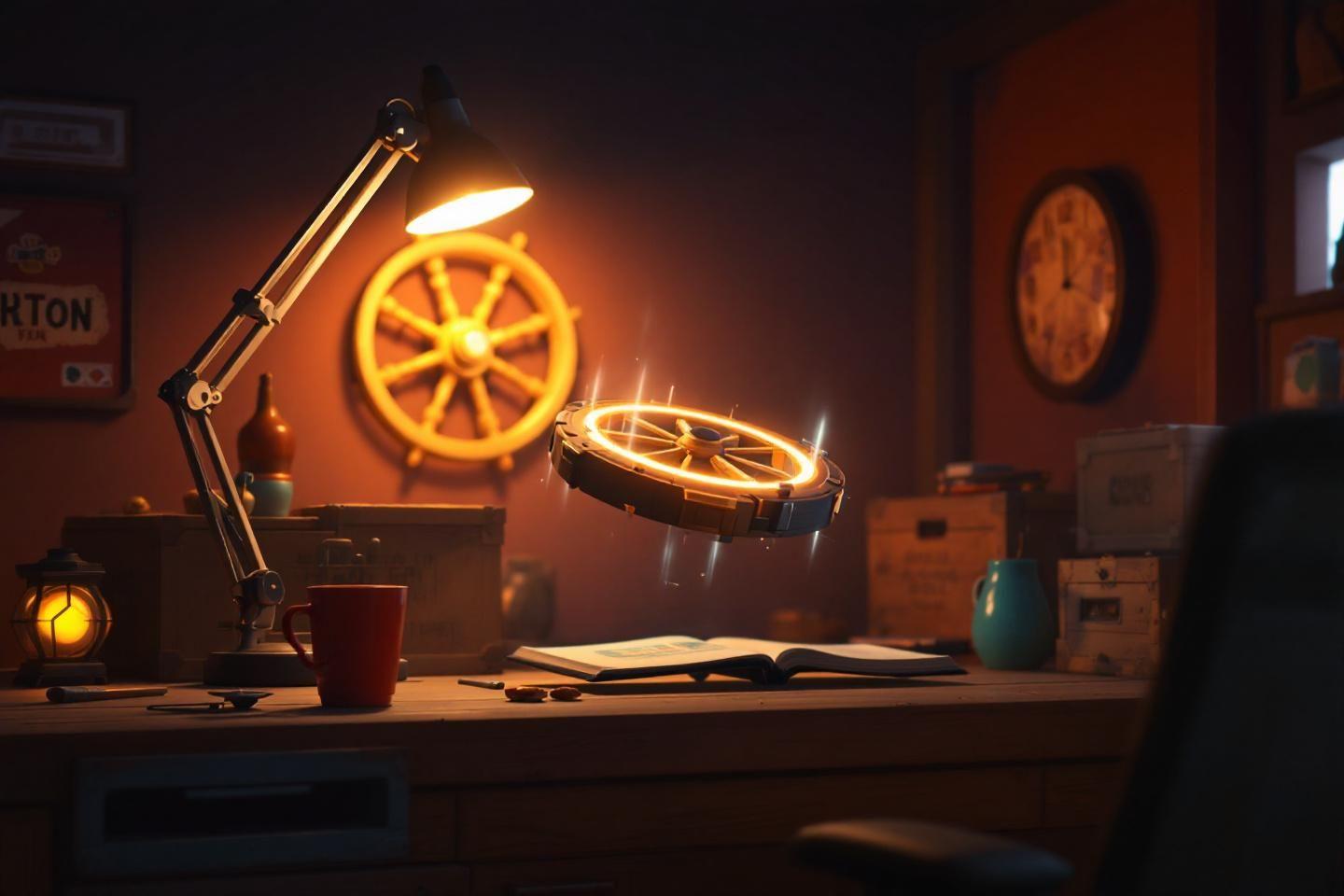 Bureau vintage avec lampe et roue illuminée