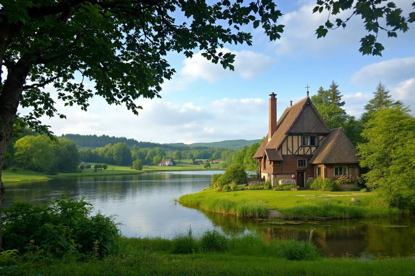 Maison en bois pr&egrave;s d'un lac paisible entour&eacute; de verdure