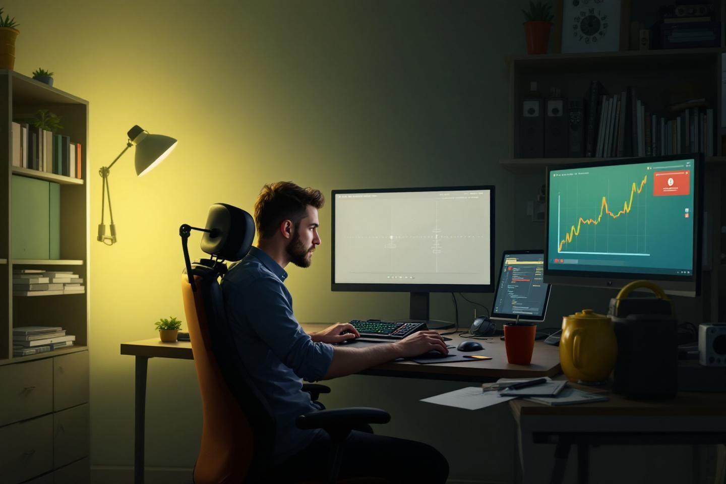 Homme assis devant des &eacute;crans montrant des graphiques financiers