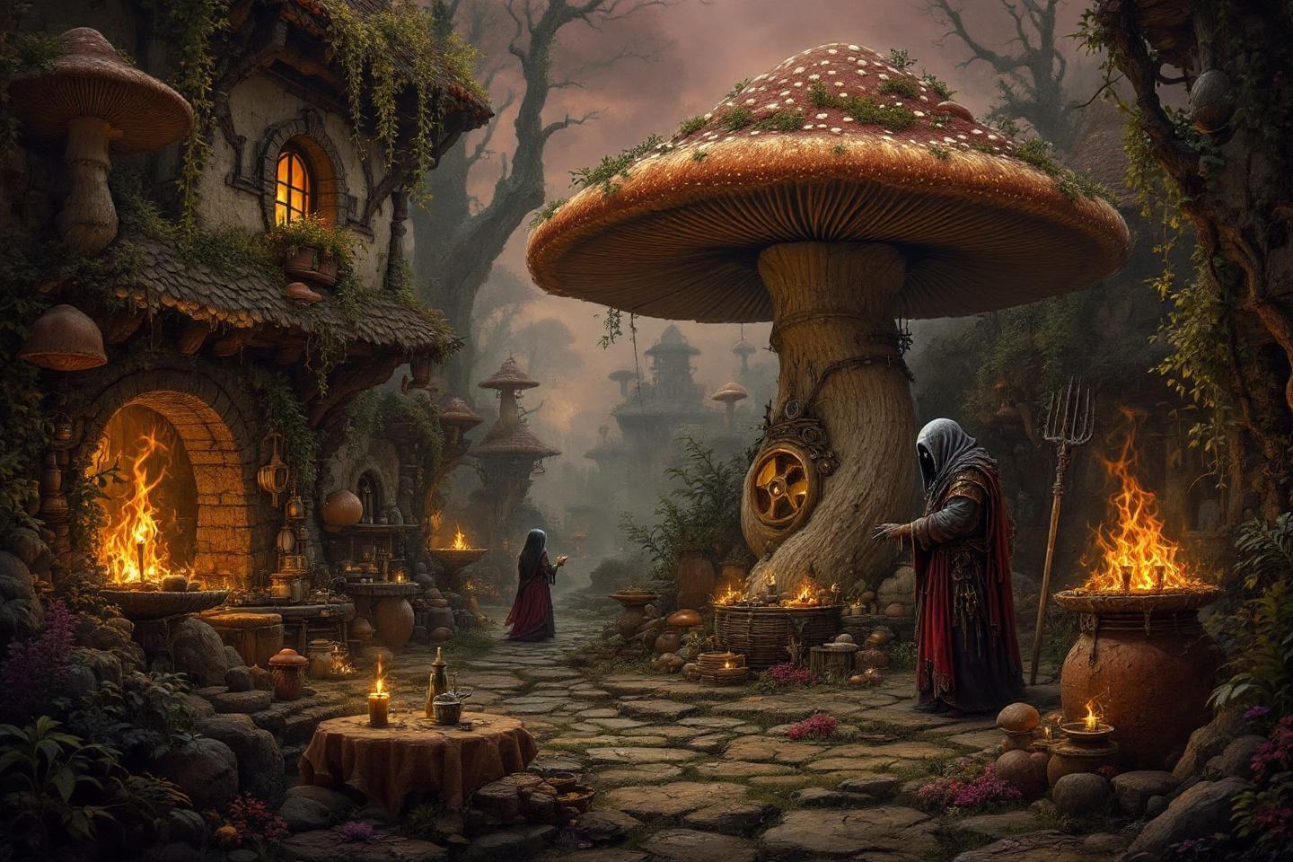 Scène féerique avec des champignons géants et des personnages encapuchonnés