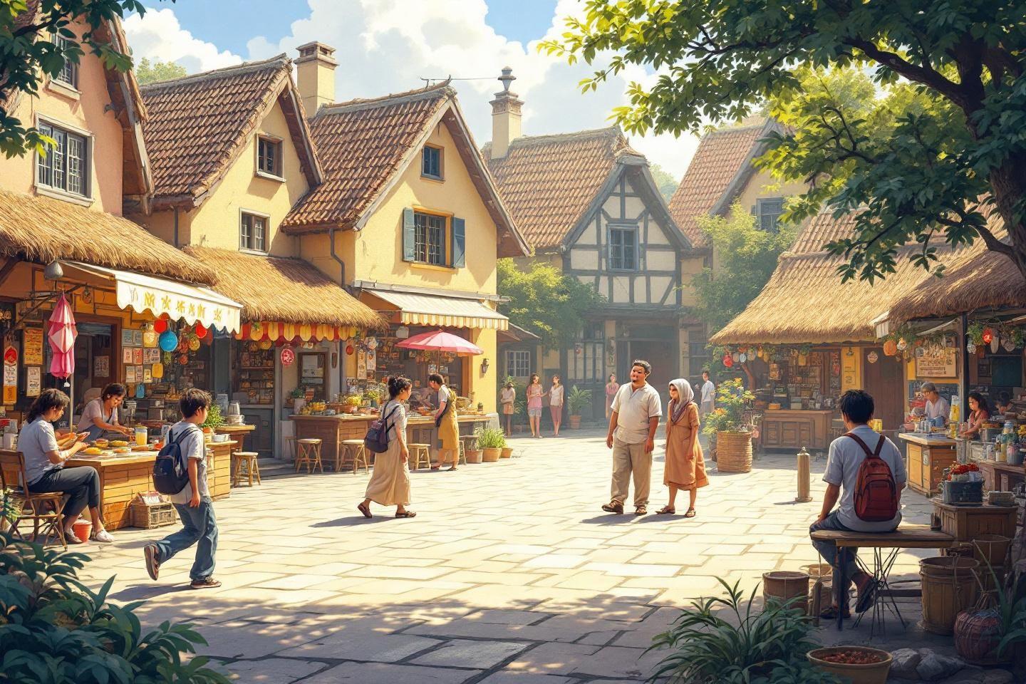Scène de rue animée avec boutiques et passants