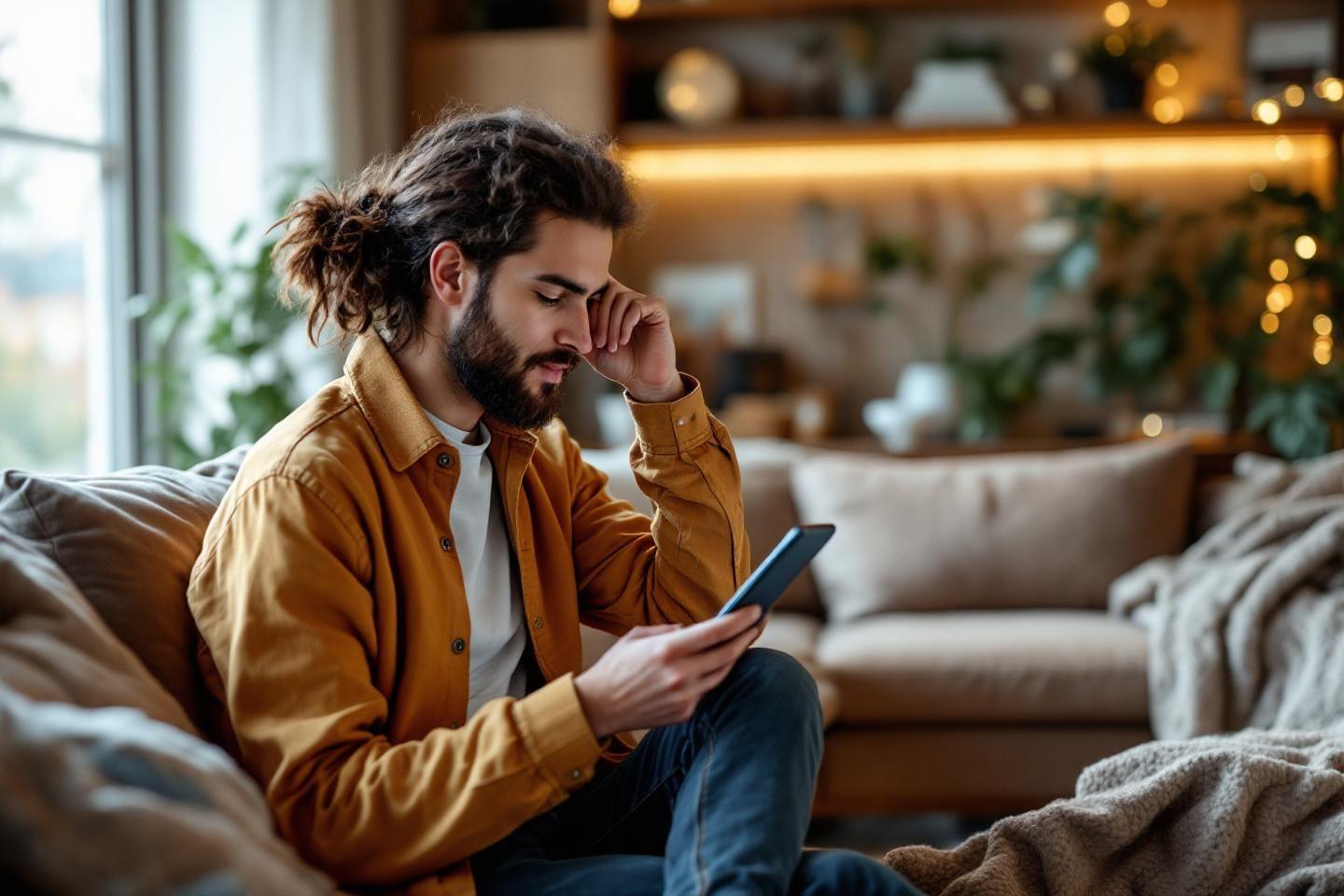 Homme &eacute;puis&eacute; sur un canap&eacute;, tenant un t&eacute;l&eacute;phone mobile
