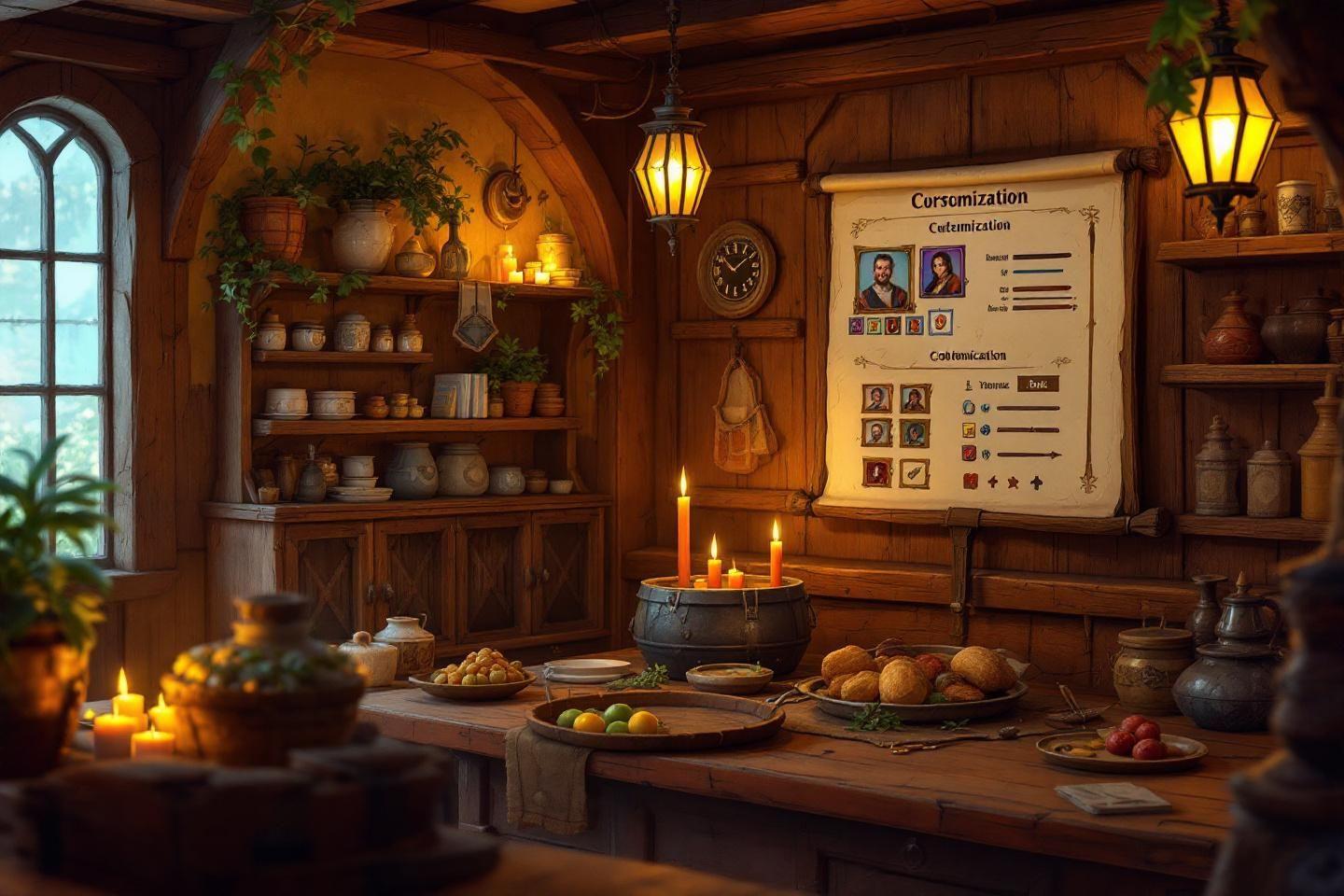 Intérieur chaleureux de cuisine en bois avec bougies et parchemin