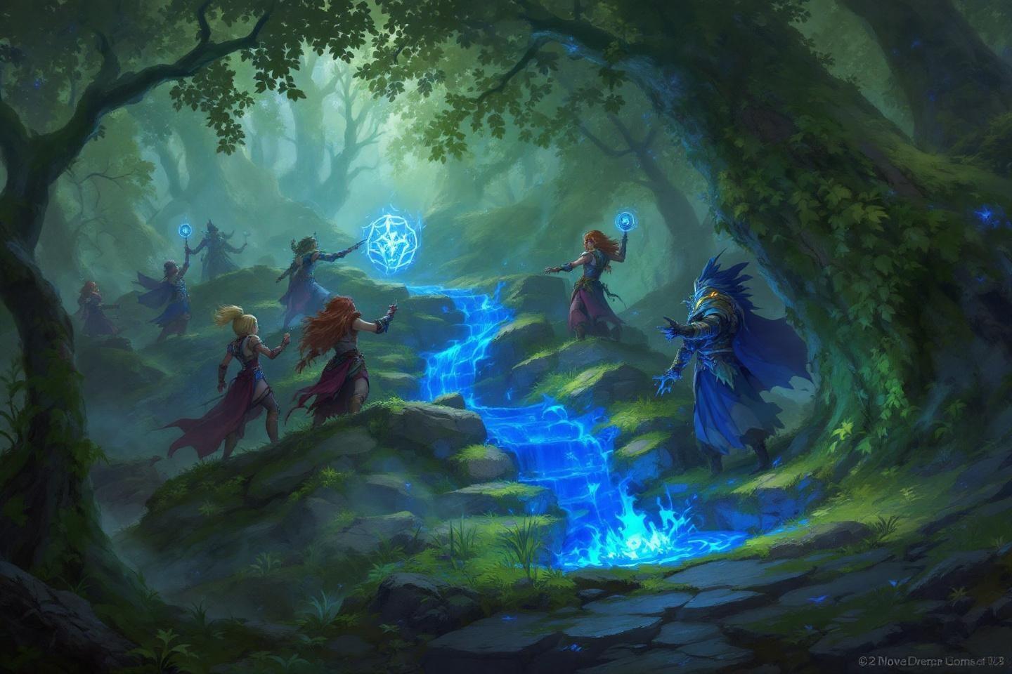 Magiciens autour d'un cours d'eau bleu magique dans une for&ecirc;t brumeuse