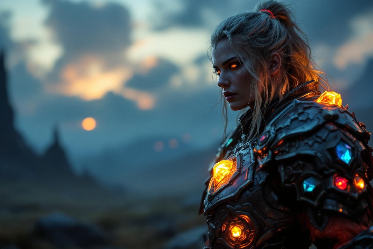 Femme en armure technologique aux yeux lumineux, paysage sombre