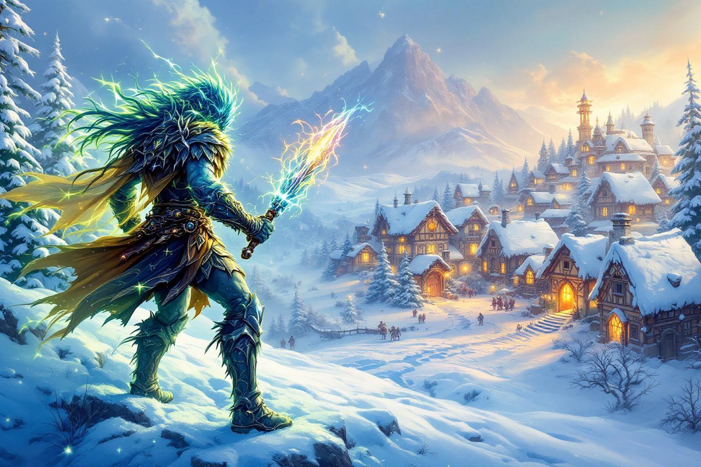 Créature fantastique avec épée électrique près d'un village hivernal