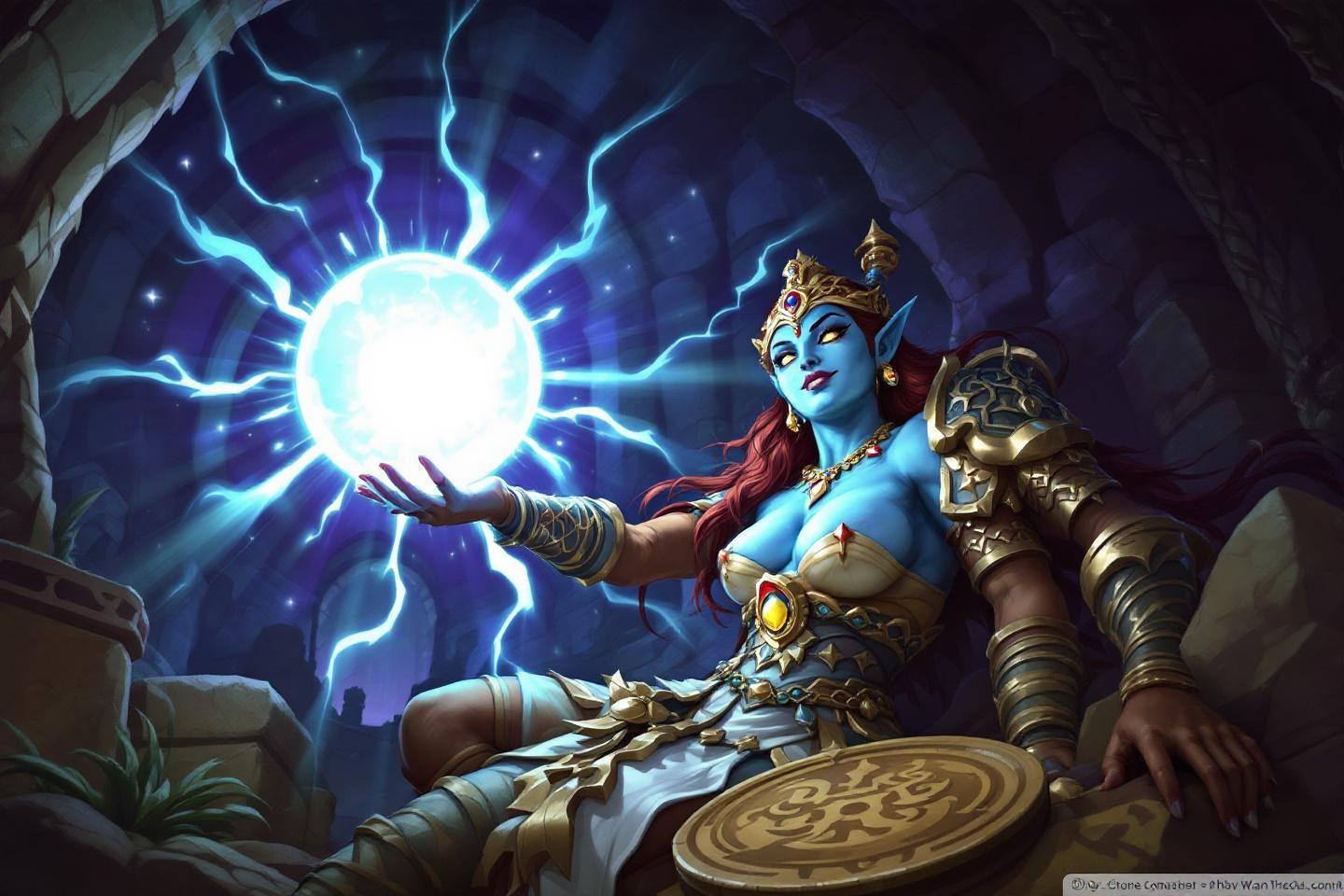 Divinité bleue tenant une sphère lumineuse magique