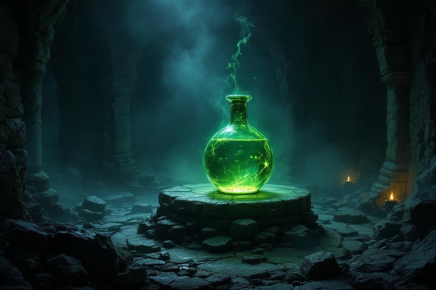Fiole verte brillante sur socle de pierre dans une caverne sombre