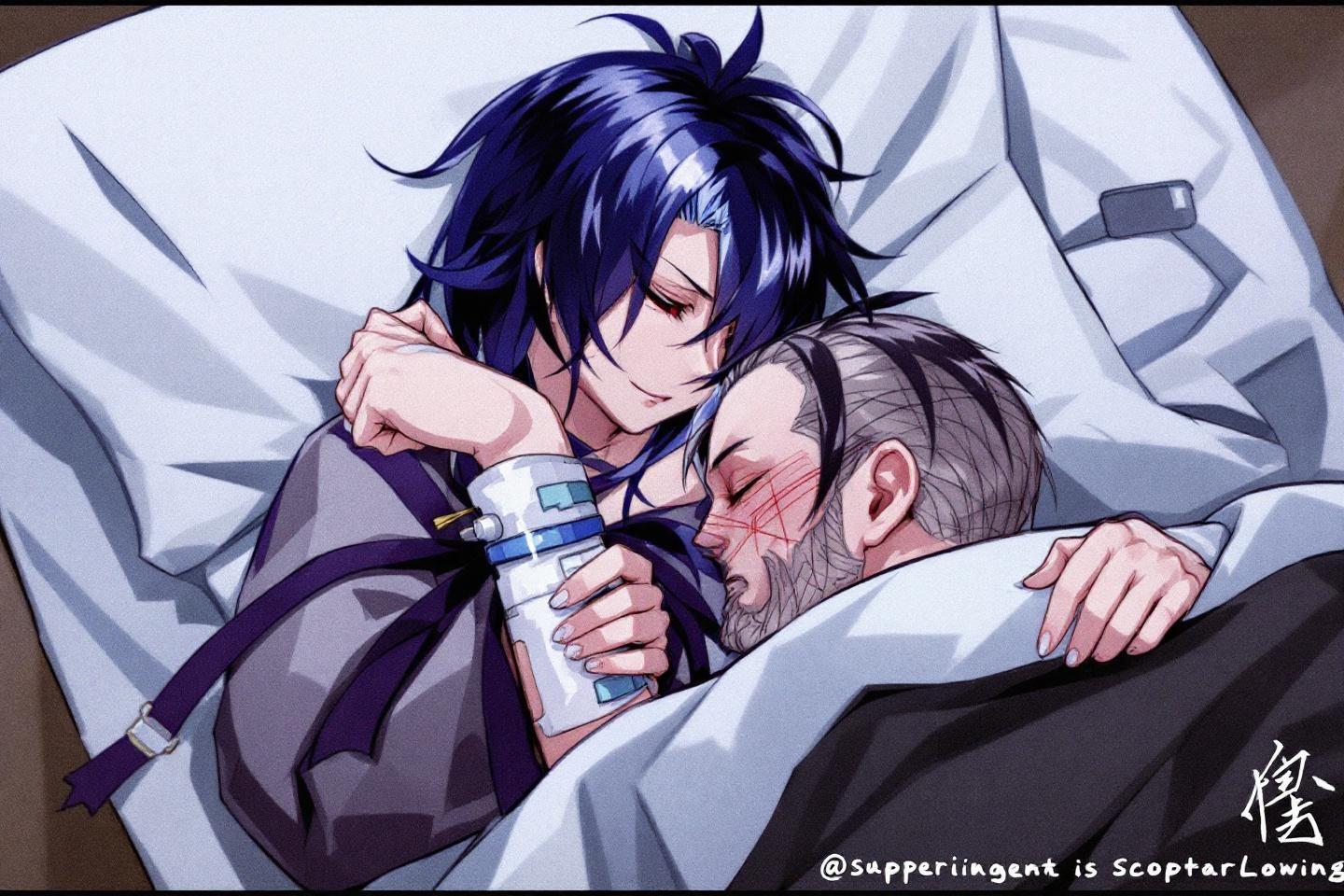 Deux personnages anime, l'un veillant l'autre malade