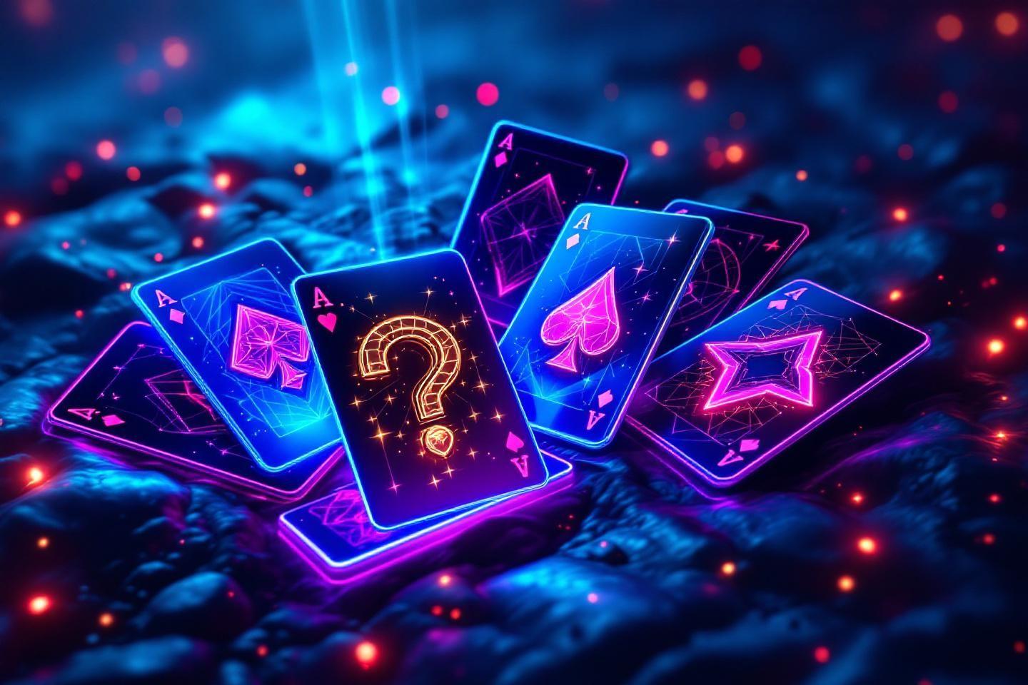 Cartes de poker brillantes avec un point d'interrogation lumineux