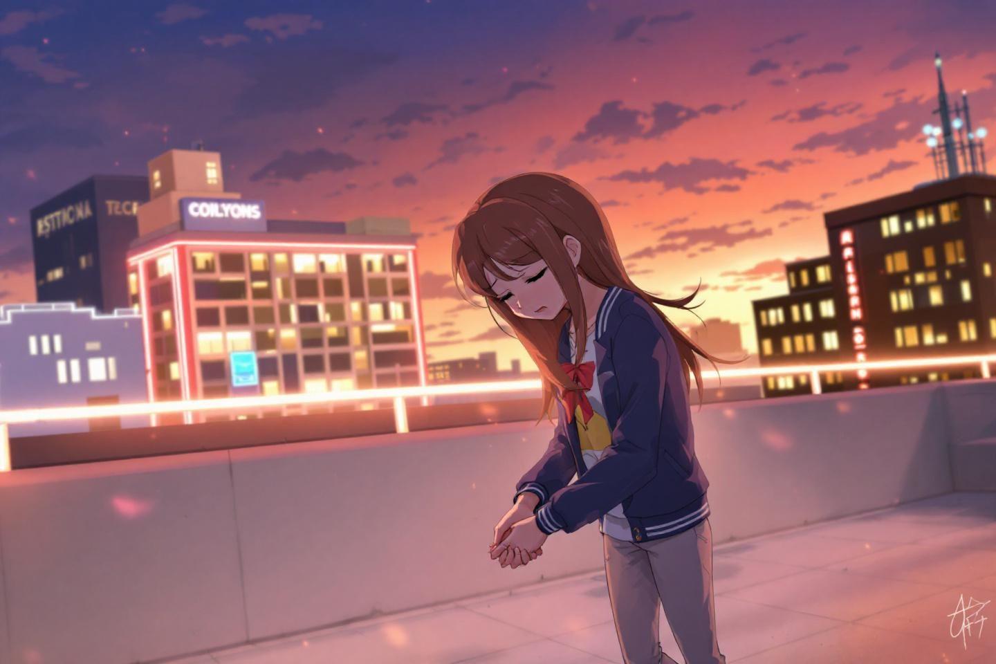 Jeune fille m&eacute;lancolique devant un paysage urbain illumin&eacute;