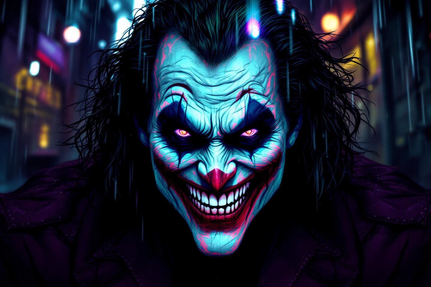 Portrait effrayant d'un clown mena&ccedil;ant aux couleurs n&eacute;on