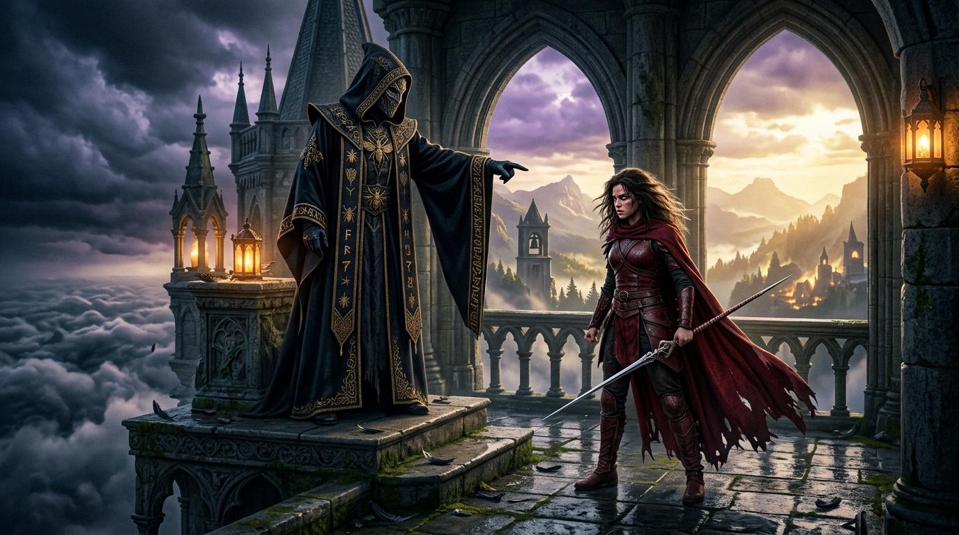 Guerri&egrave;re en rouge face &agrave; mage noir dans ch&acirc;teau fantastique