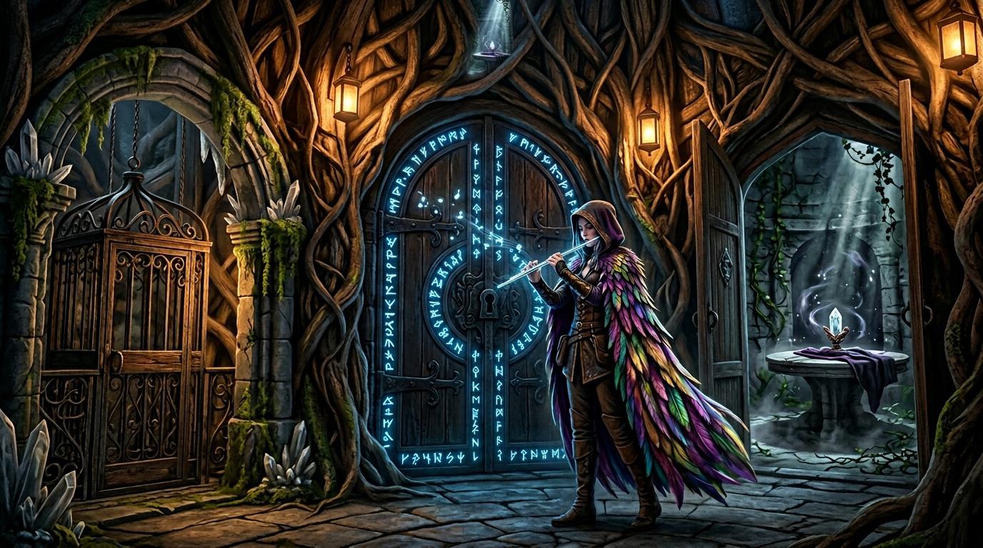 Magicienne aux ailes arc-en-ciel dans temple mystique illumin&eacute;.