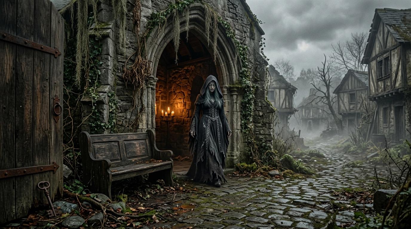 Femme v&ecirc;tue de noir devant une &eacute;glise en ruines, cadre gothique