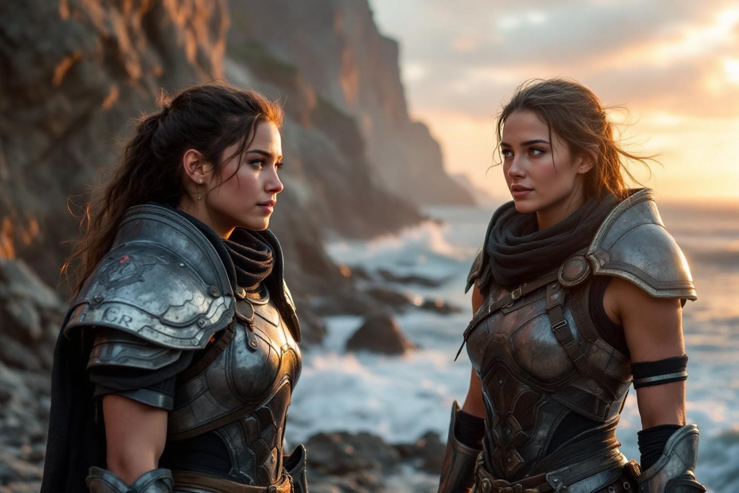 Deux femmes en armure face à face près de la mer