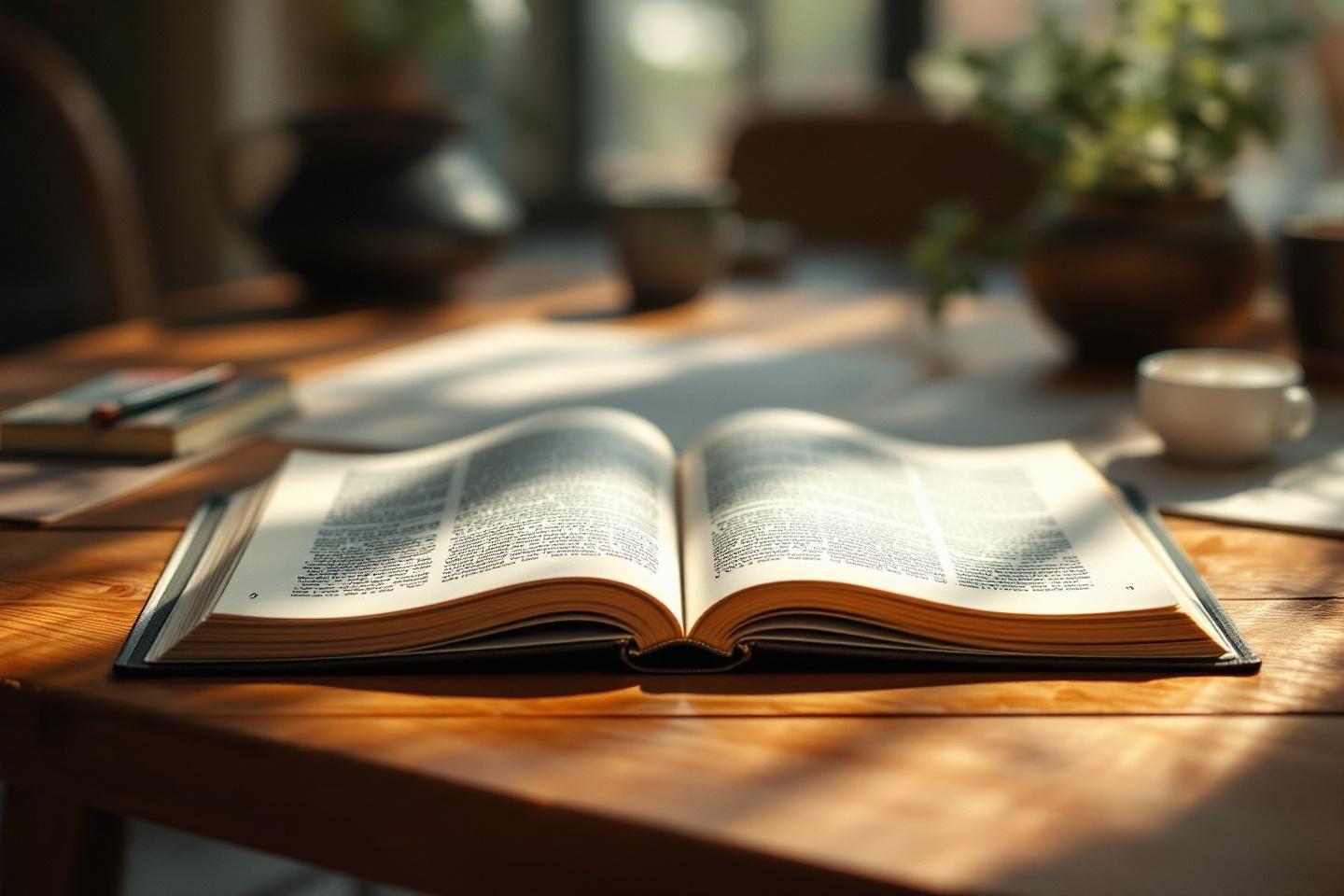 Livre ouvert baigné de lumière sur une table en bois