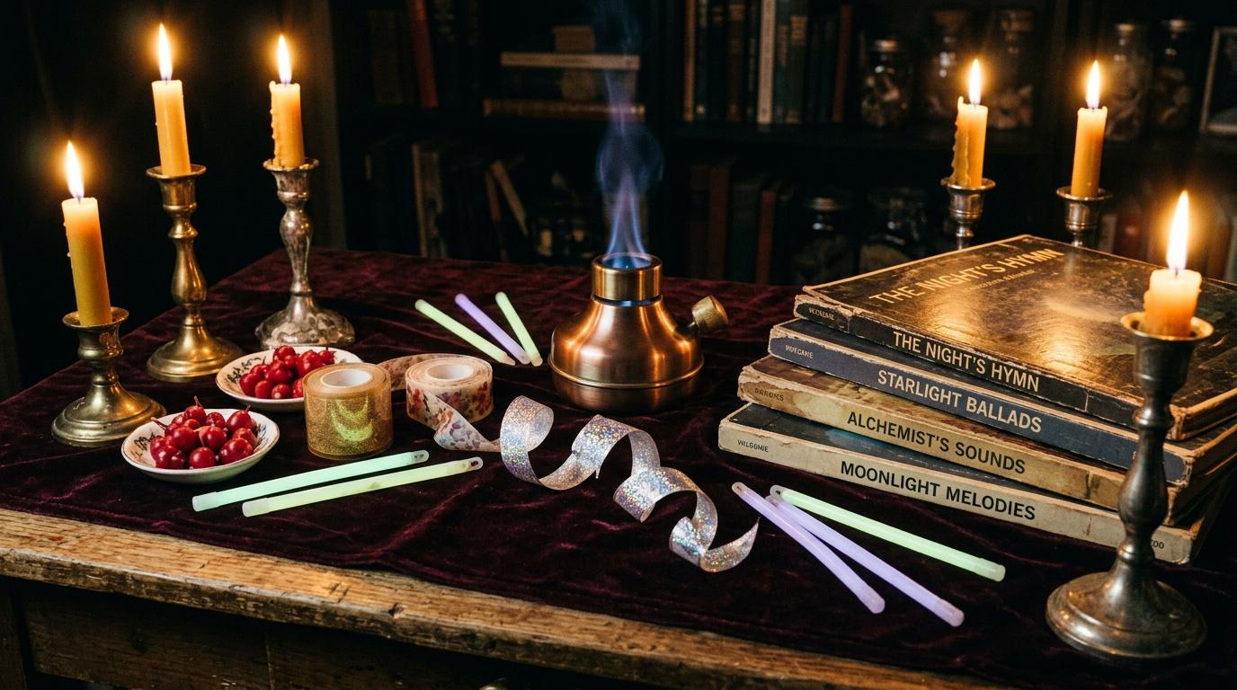 Table décorée avec bougies, livres et fruits rouges