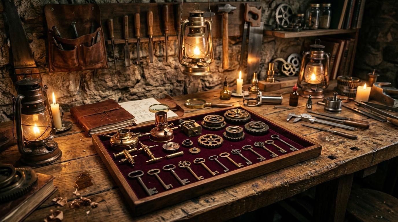 Établi steampunk avec engrenages, clés anciennes et lampes à huile