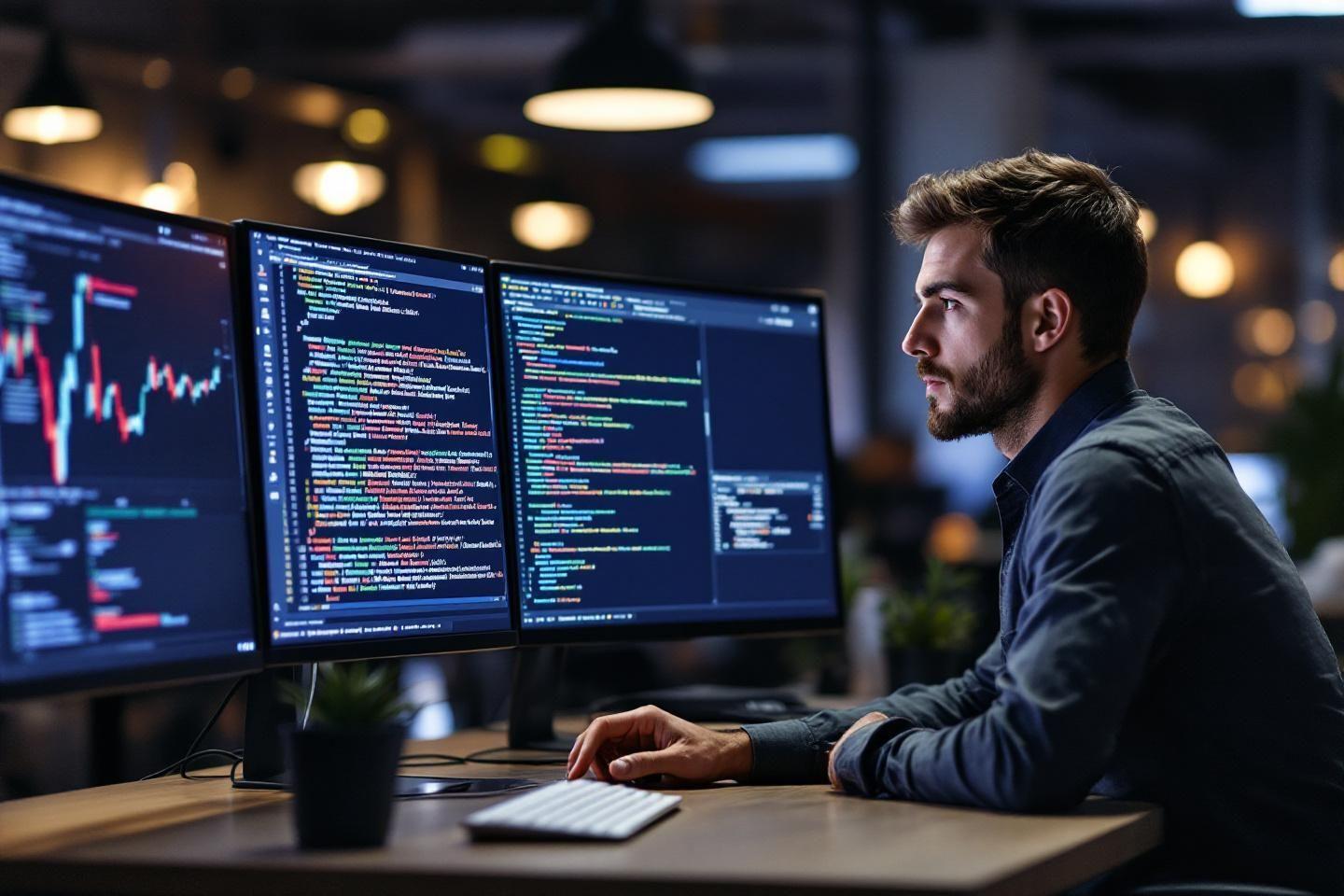 Programmeur concentr&eacute; devant des &eacute;crans avec graphiques et code
