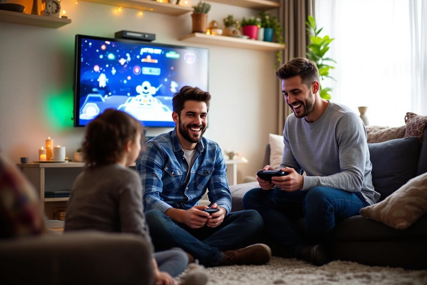 Deux hommes rient en jouant à des jeux vidéo dans un salon