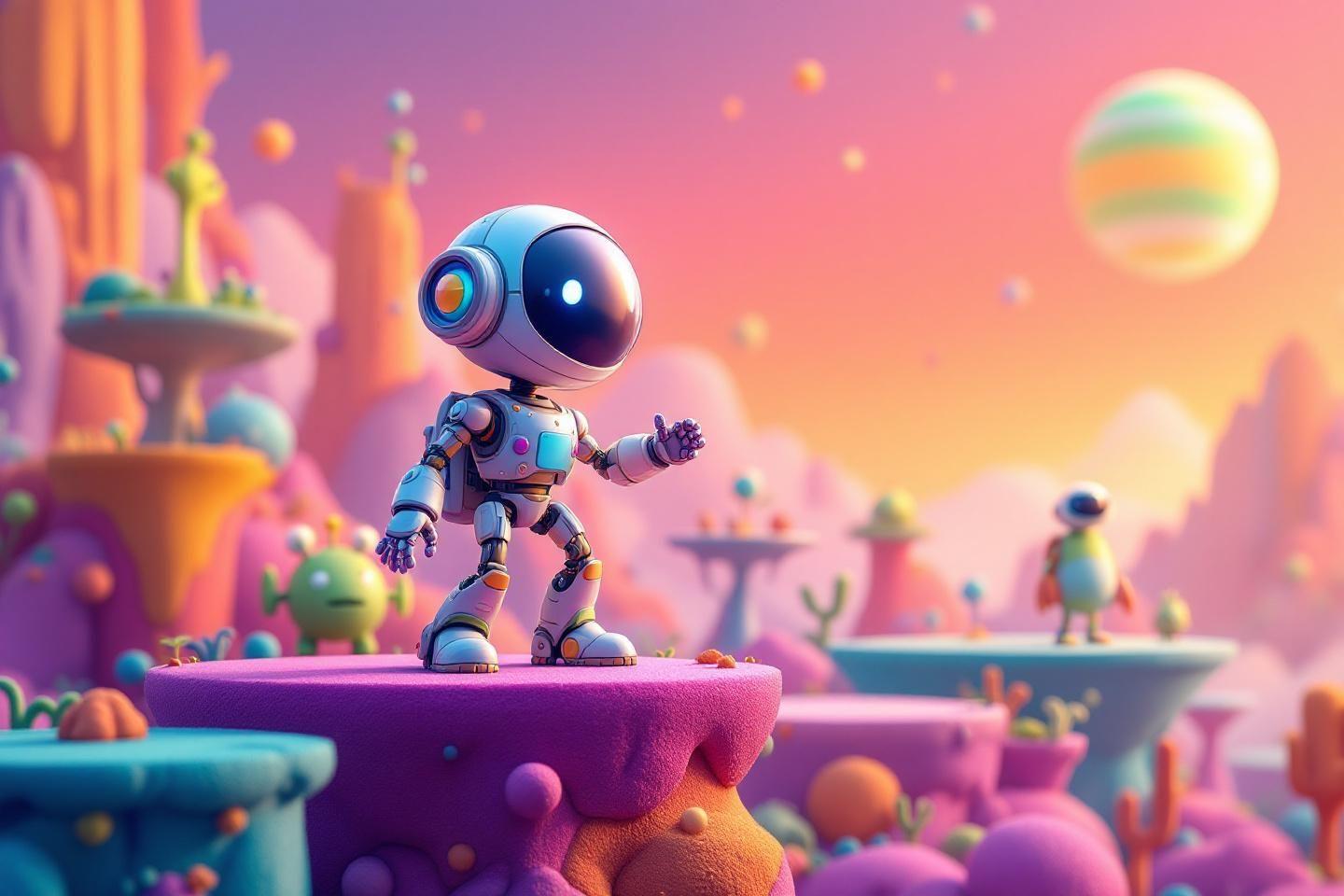 Robot mignon sur une plateforme violette, paysage extraterrestre fantastique