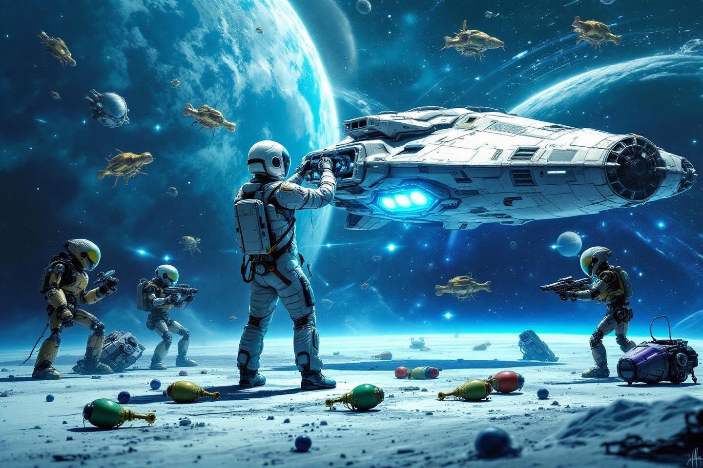 Astronautes et vaisseaux spatiaux dans un combat extraterrestre