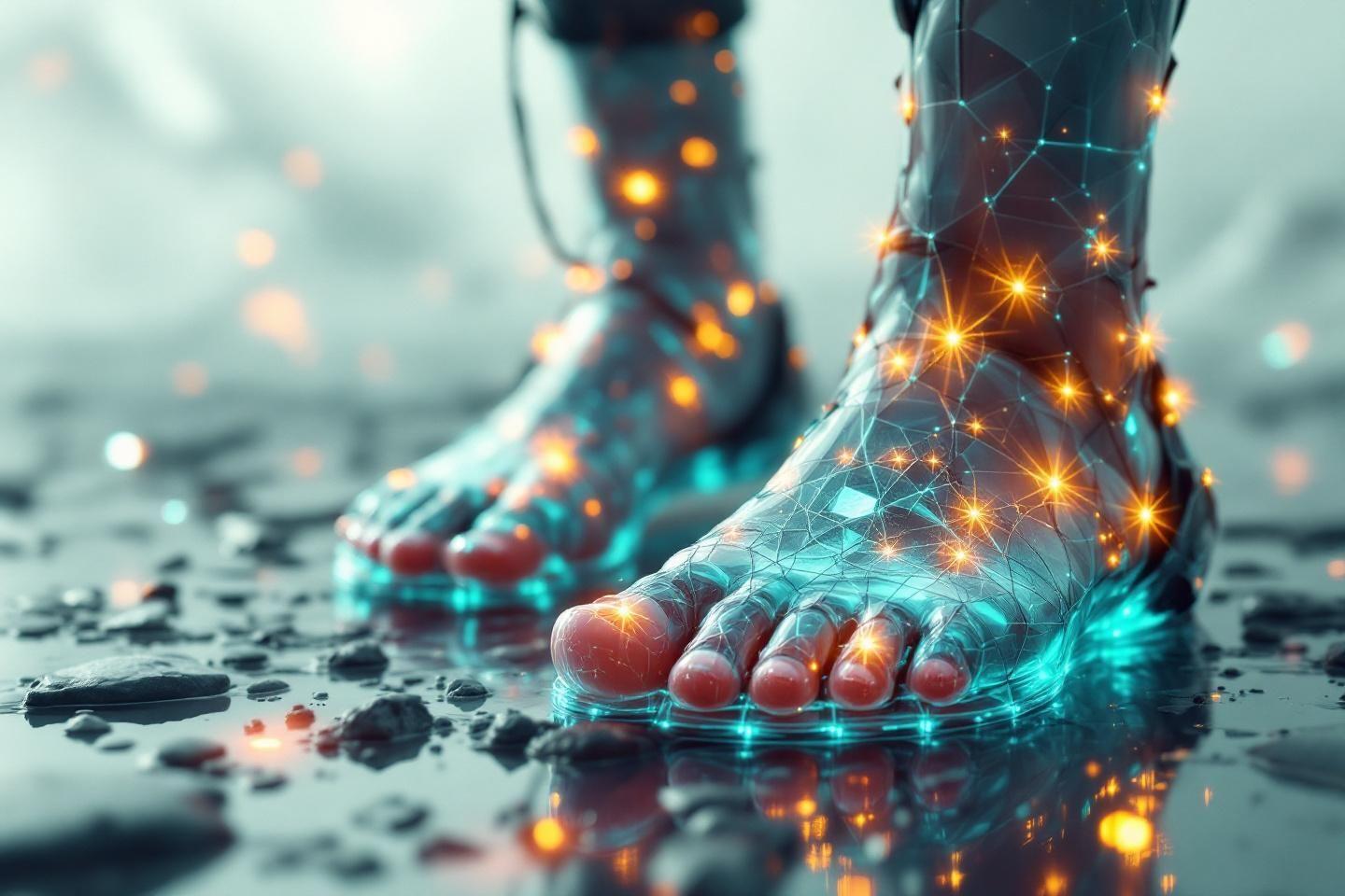 Pieds futuristes lumineux avec réseau numérique et points brillants