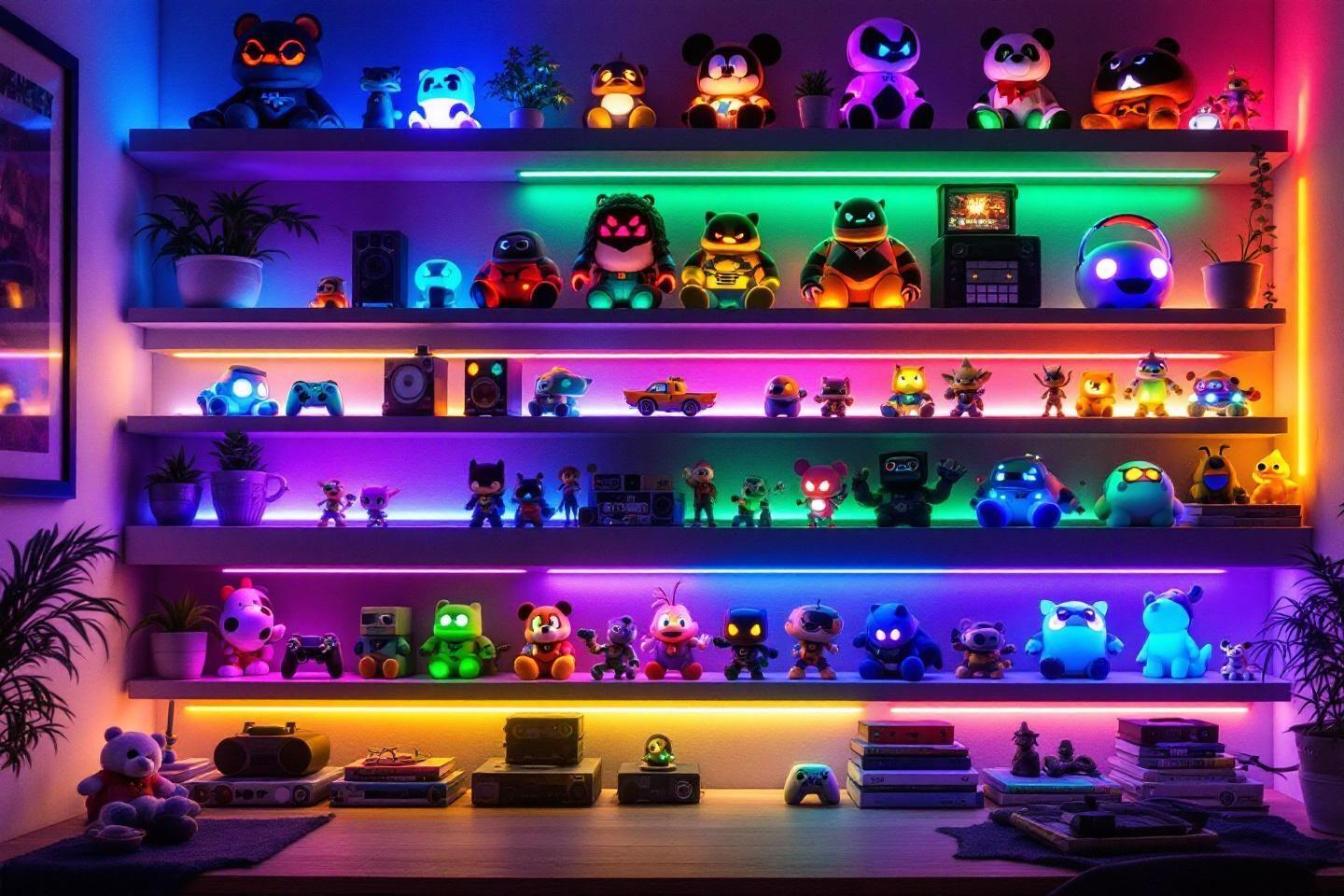 Rangées de figurines colorées éclairées par des lumières LED