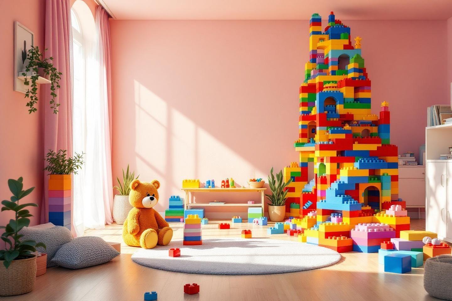 Grande tour Lego multicolore dans une chambre rose avec un ours en peluche